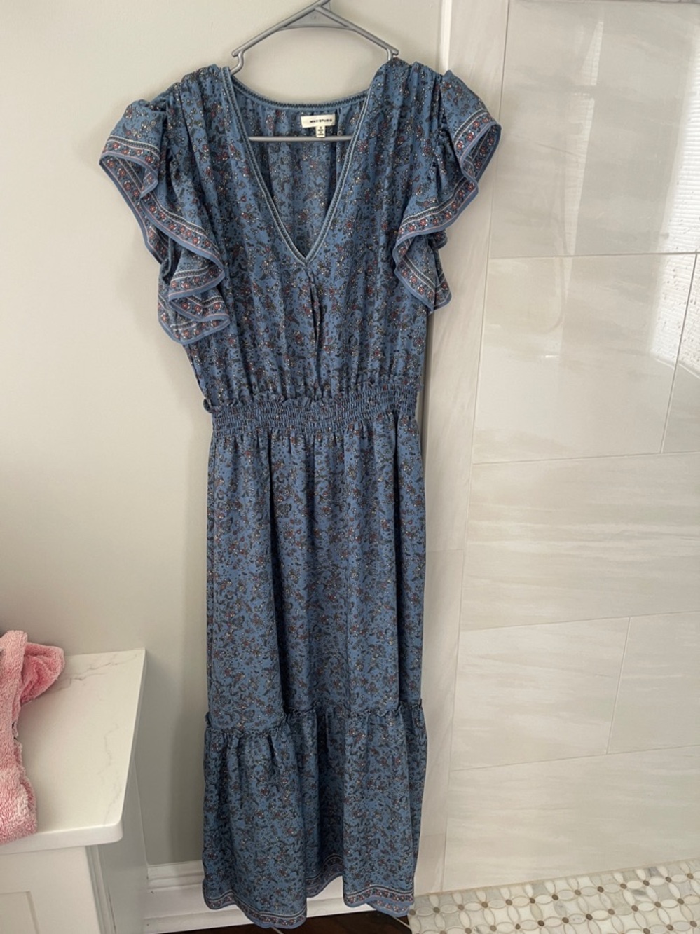 Max Studio Blue Floral Smocked Maxi Dress with Ruffle Sleeves